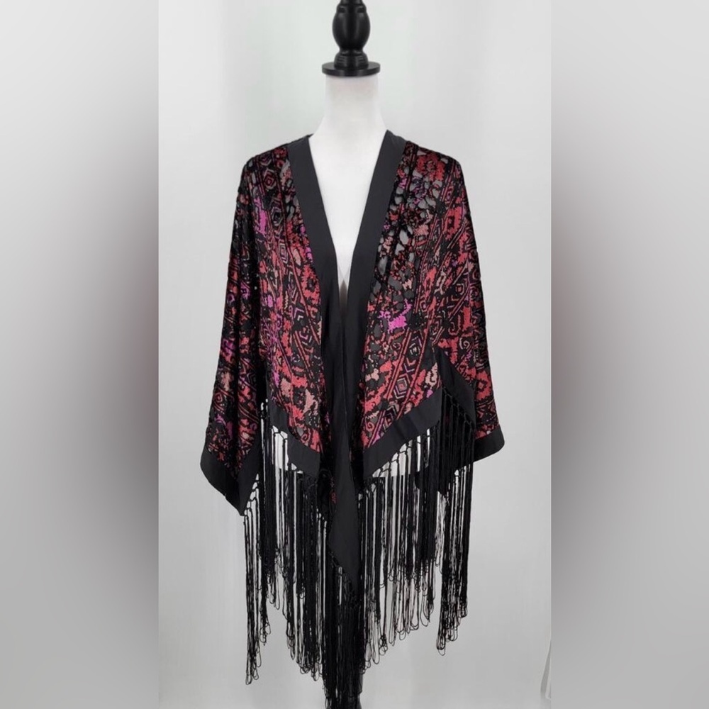 IDYLLWIND Kimono Black Pink Red Fringed Stunning Velvet Burnout Cardigan NWT 🖤💗 - Picture 12 of 16